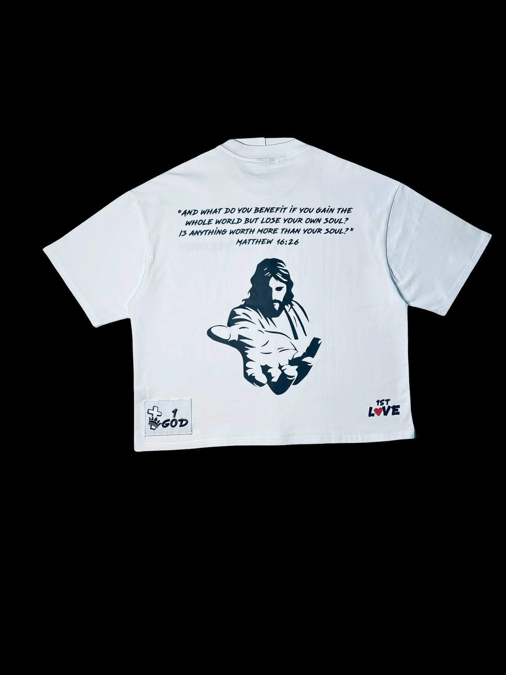 white short sleeved shirt with 1 custom patch