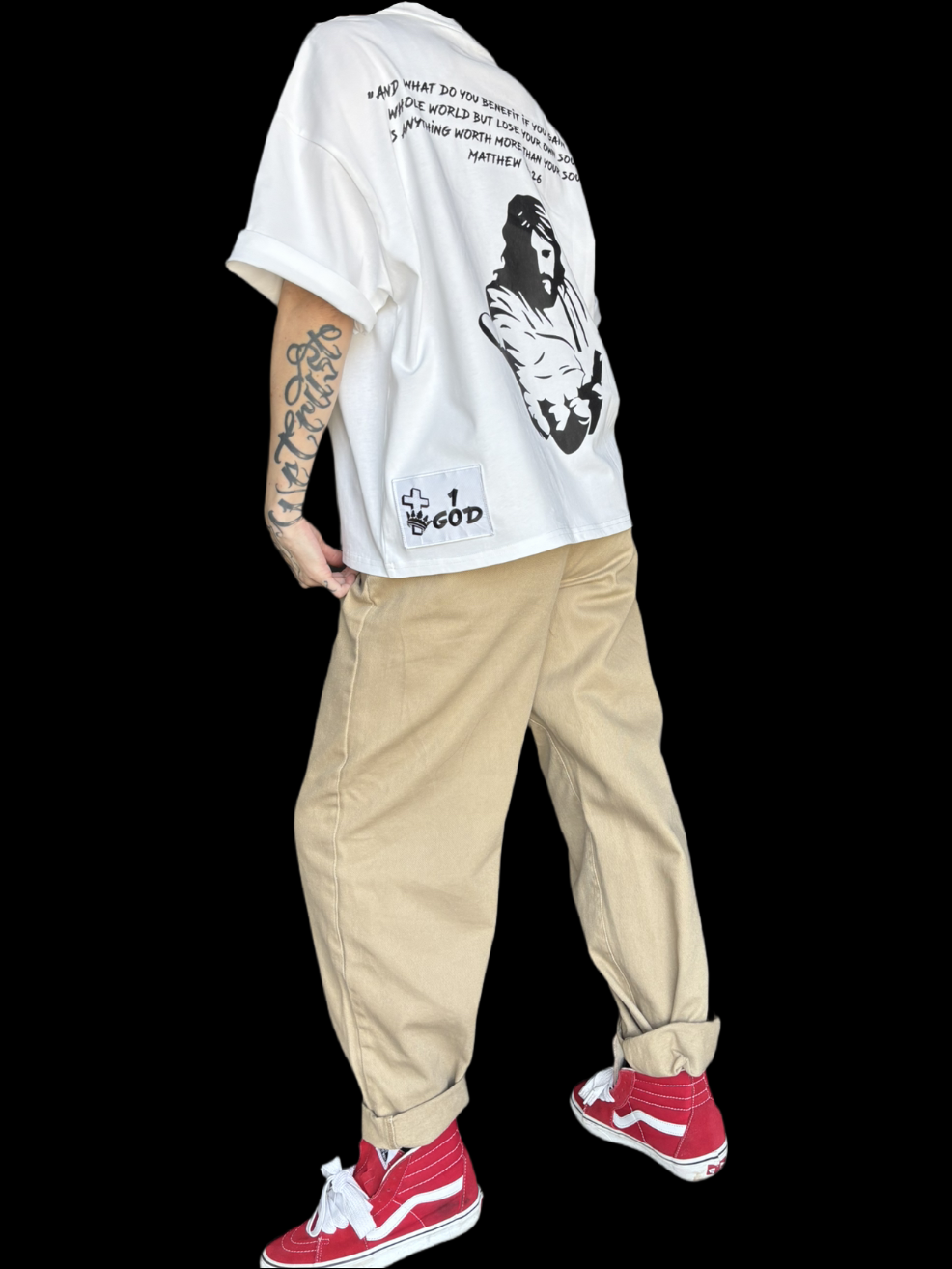 white short sleeved shirt with 1 custom patch