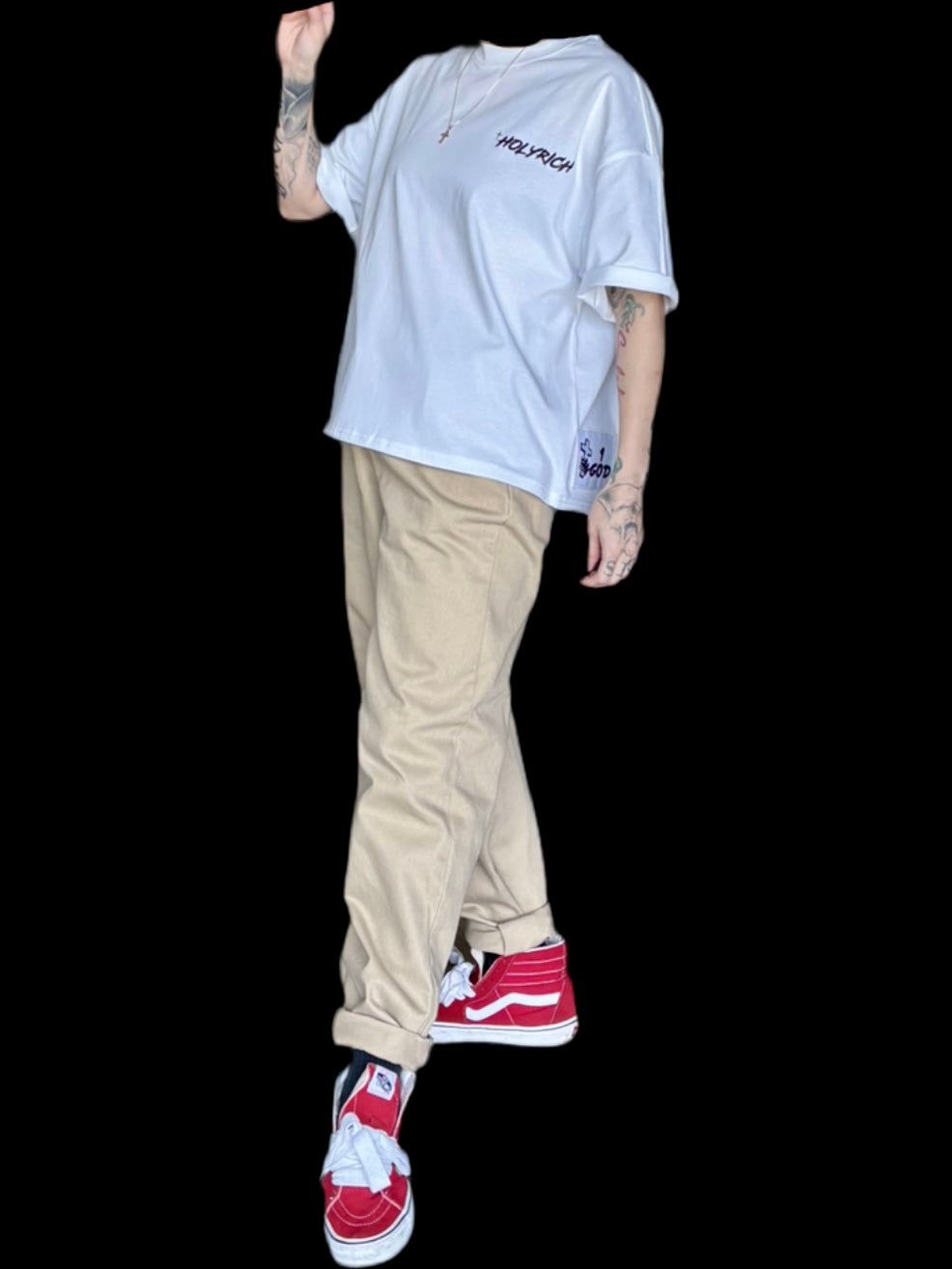 white short sleeved shirt with 1 custom patch